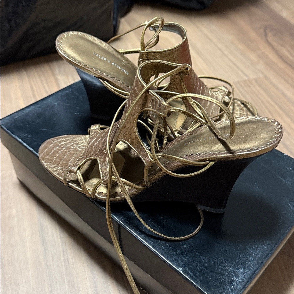 Valerie Stevens Gold Strappy Wedge Sandals